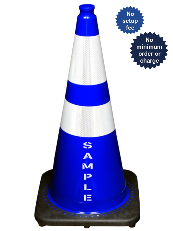 Blue 28\" 7.0 Lb. Black Base Cone, 6\" \u0026 4\" Reflective Collars and Double Sided (2X) Custom Stencil