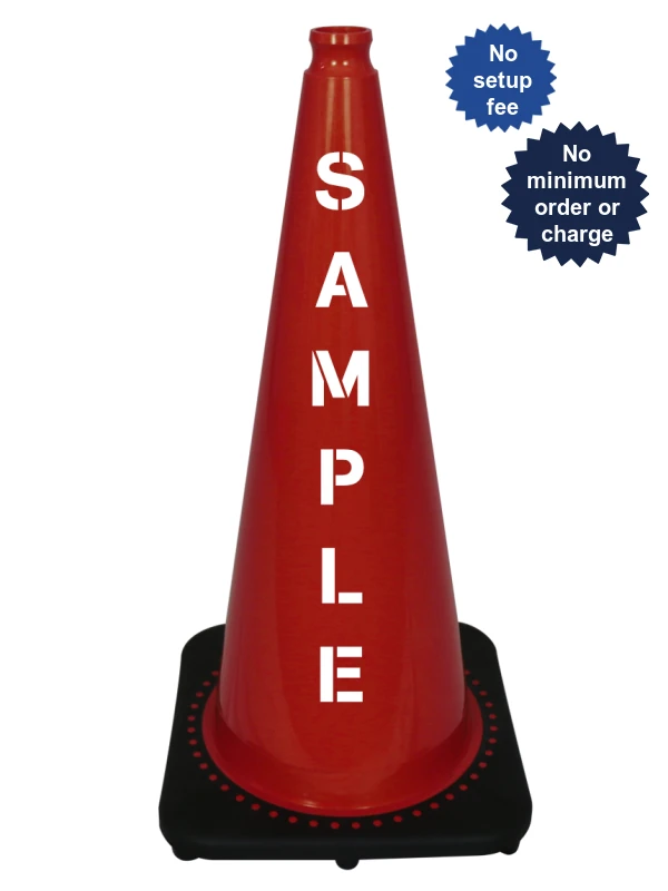Red 28 inch JBC Traffic Cone with Custom Lettering on Two Sides