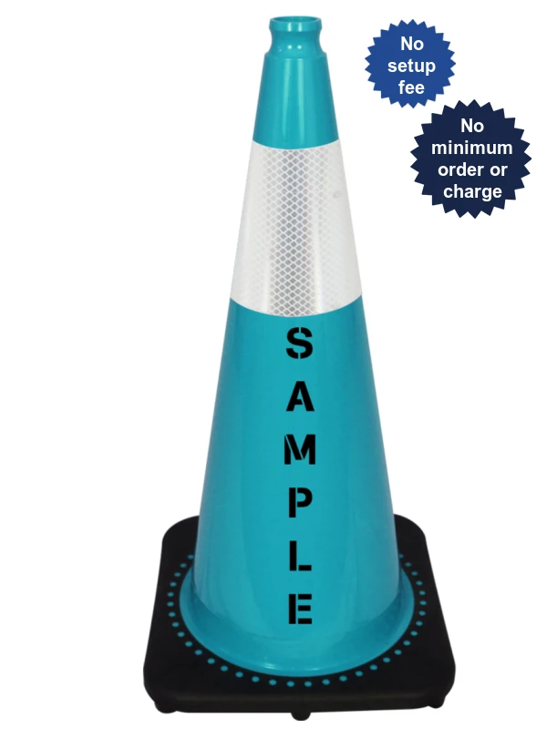 Teal 28\" 7 lbs JBC Black Base Traffic Cone w/ 6\" Reflective Collar w/ Custom Lettering
