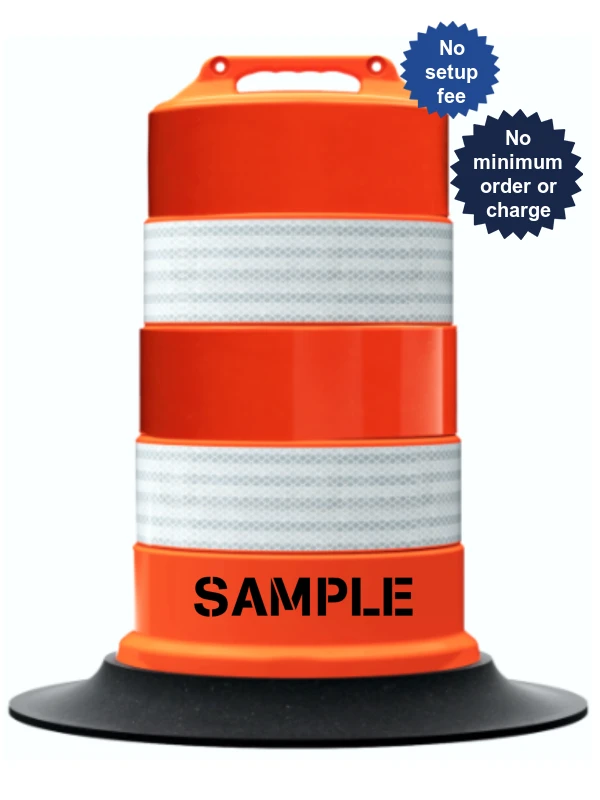 Plasticade Commander™ Traffic Drum with Four (4) OWOW Diamond Grade Reflective Stripes, Double Sided Custom Lettering \u0026 Tire Ring Base