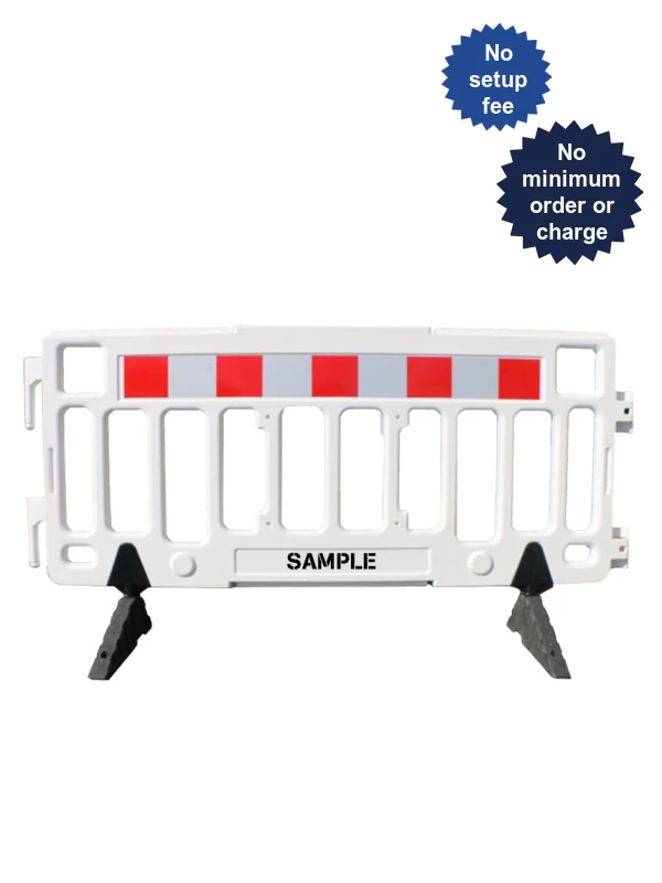 76\" White Economy Interlocking Pedestrian Fence with 2X Custom Lettering