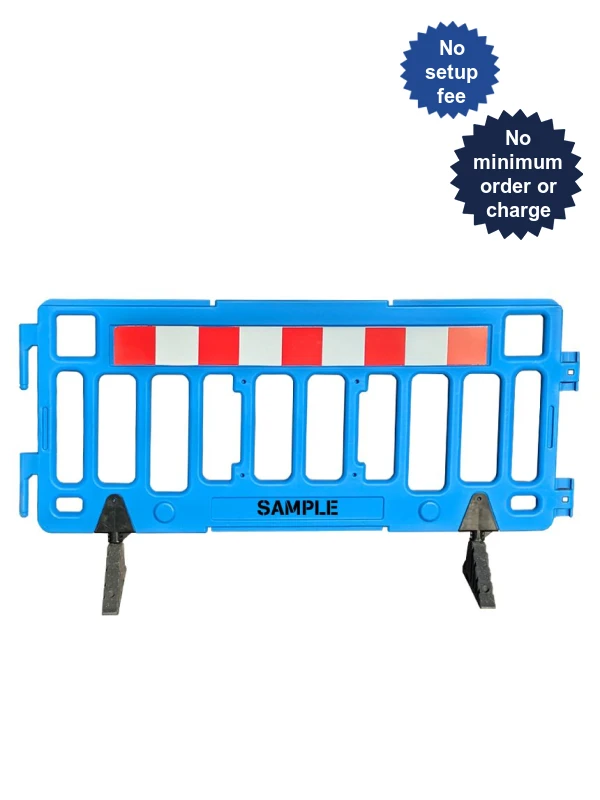 76\" Blue Economy Interlocking Pedestrian Fence w/ Custom Lettering