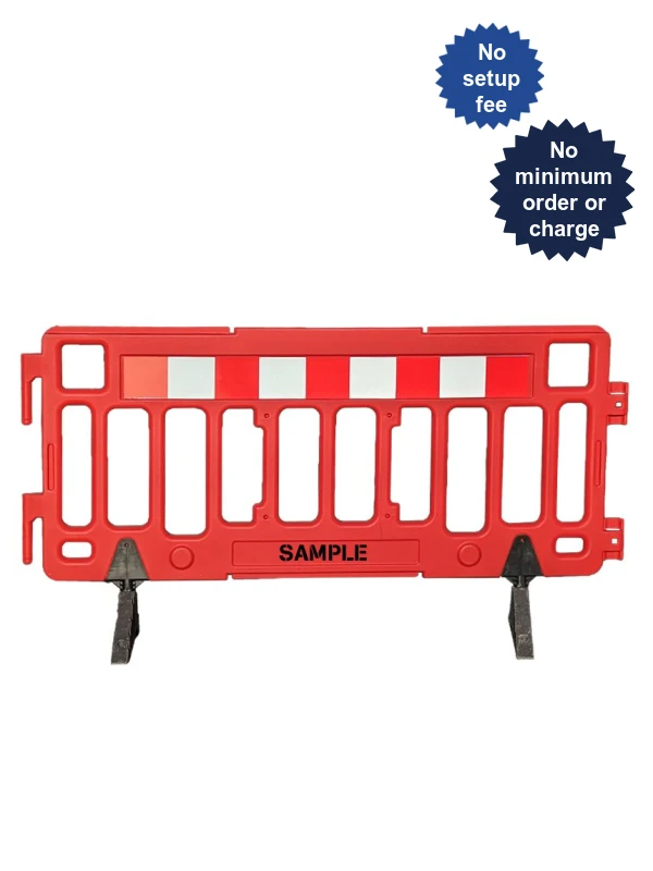 76\" Red Economy Interlocking Pedestrian Fence with Custom Lettering