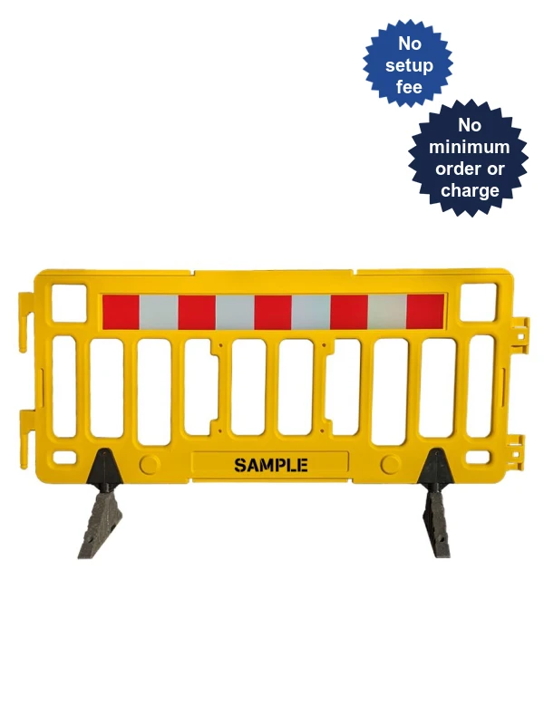 76\" Yellow Economy Interlocking Pedestrian Fence with Custom Lettering