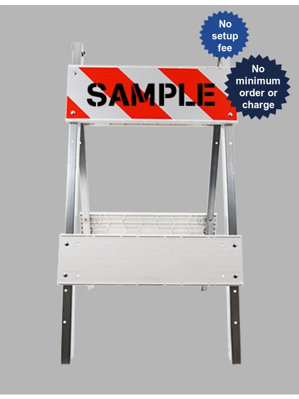 Economy+ Type 1 Barricade with Steel Legs, Plastic Panels, HI Reflective \u0026 Double Side Custom Lettering