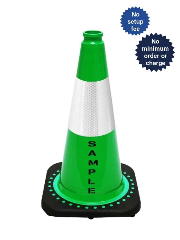 Green 18 inch Cone with Black Base 6\" Reflective Collar and Custom Lettering