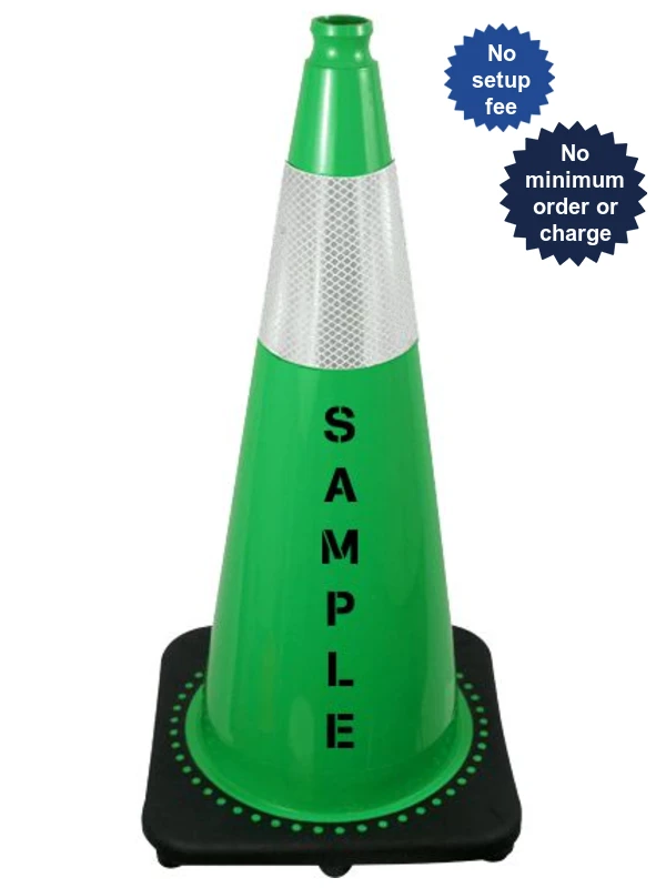 Green 28\" 7 lbs JBC Black Base Traffic Cone w/ Single 6\" Reflective Collar \u0026 Custom Lettering