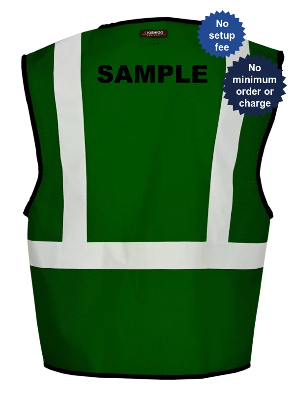 Green, Enhanced Visibility, Single Pocket Mesh Vest, L-XL w/Custom Black Lettering