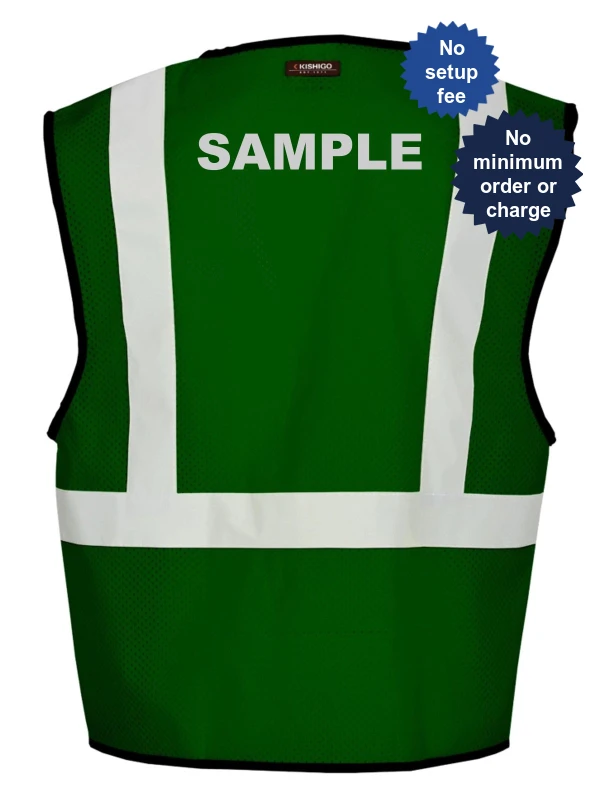 Green, Enhanced Visibility, Single Pocket Mesh Vest, S-M w/Custom Reflective Lettering