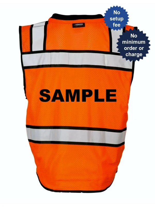 Kishigo Orange High Performance Class 2 Surveyors Vest, Small, with Custom Black Text