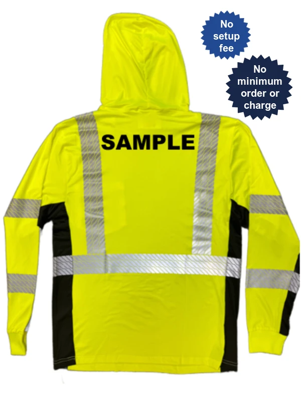 Liberty Safety HiVizGard™ Lime Class 3 Long Sleeve, Hooded, T-Shirt w/Black Sides, Medium with Custom Black Lettering