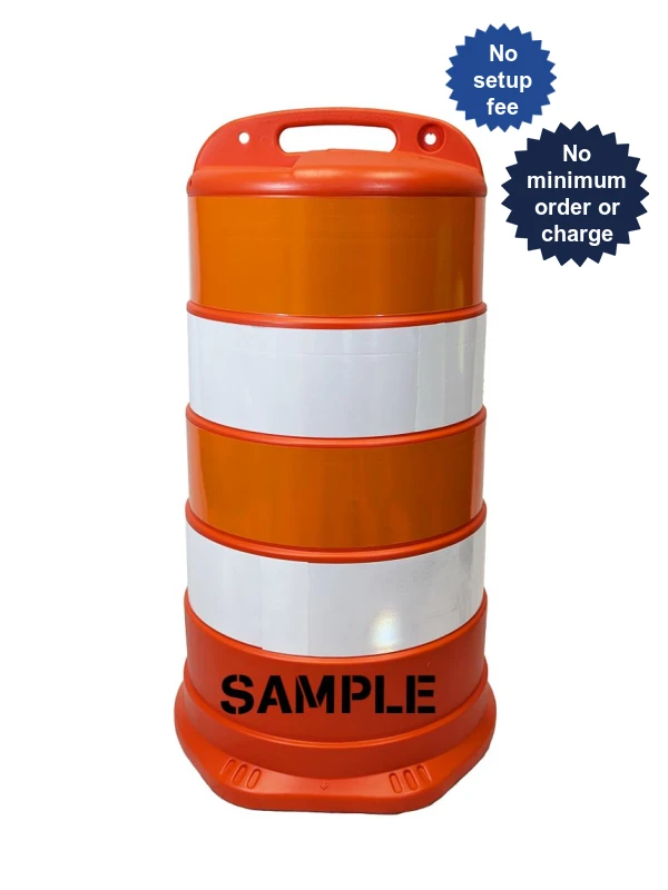 37\" Traffic Drum w/ Four 6\" EG Reflective Stripes \u0026 Double Sided Custom Lettering
