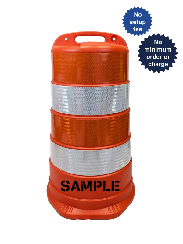 37\" Traffic Drum w/ Four 6\" HI Reflective Stripes \u0026 Double Sided Custom Lettering