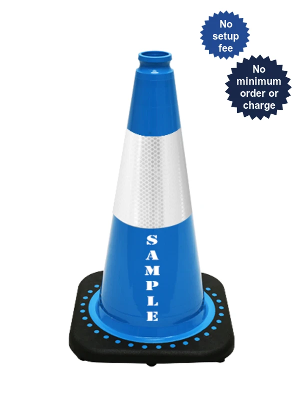Light Blue 18 inch Cone with Black Base 6\" Reflective Collar and Custom Lettering