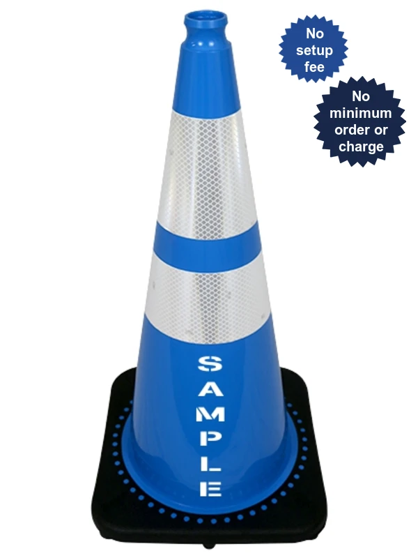 Light Blue 28 inch 7 lbs JBC Black Base Traffic Cone 6\" \u0026 4\" Reflective Collars and Custom Lettering
