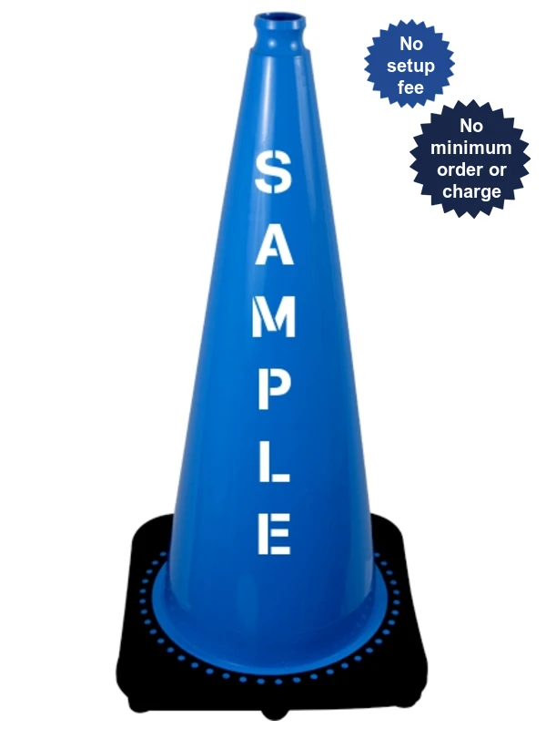 Light Blue 28 inch 7 lbs JBC Black Base Traffic Cone with Double Sided Lettering