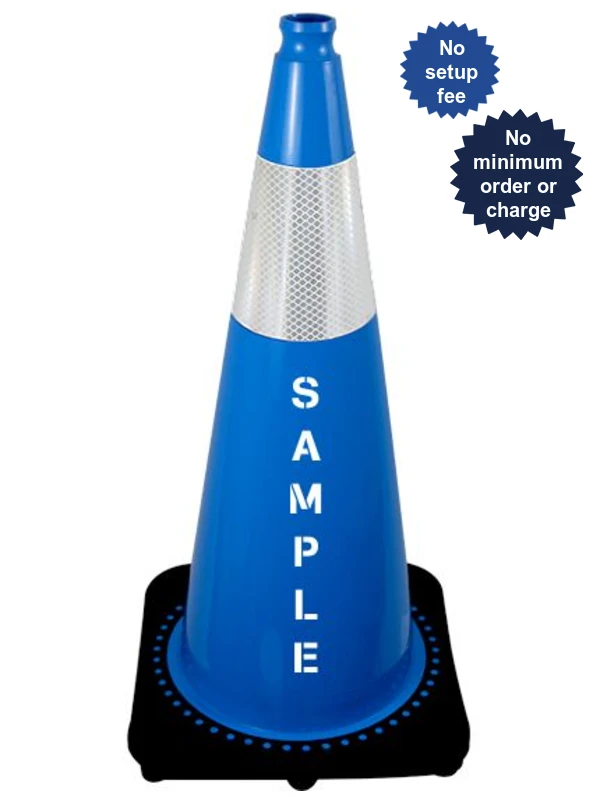 Light Blue 28\" 7 lbs JBC Black Base Traffic Cone w/ Single 6\" Reflective Collar \u0026 Custom Lettering