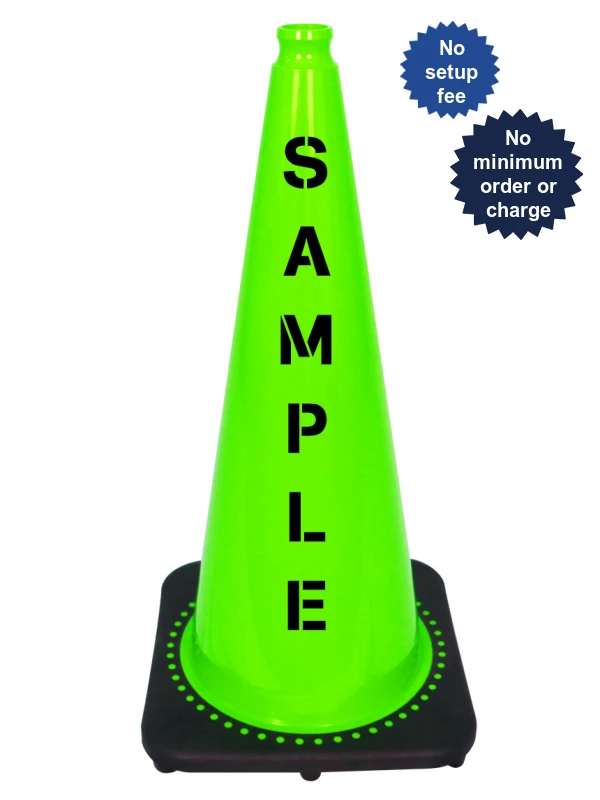 Lime 28 inch 7 lbs JBC Black Base Traffic Cone with Double Sided Lettering