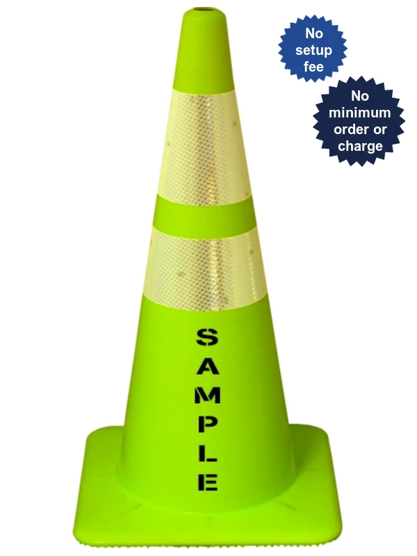 lime 28 inch traffic cones w 2 reflective collars  lettering single side 