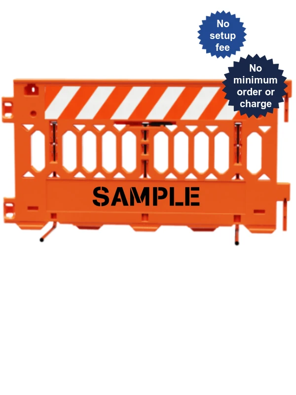 72\" Long Ada Pathcade Barricades, Orange w/ One (1) Piece Of EG Sheeting On One (1) Side \u0026 Custom Lettering On Both (2) Sides