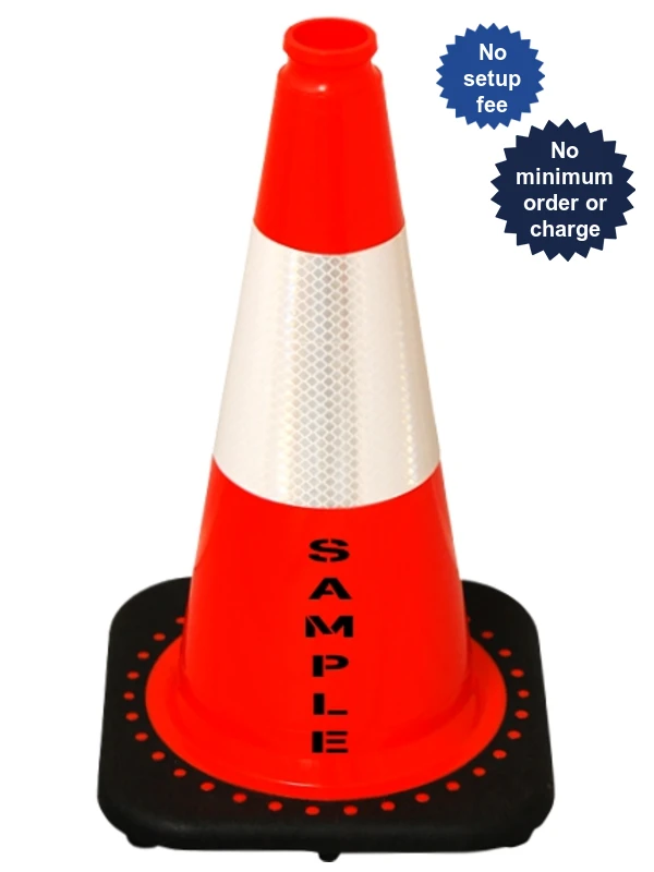 Orange 18 inch Cone with Black Base 6\" Reflective Collar and Custom Lettering