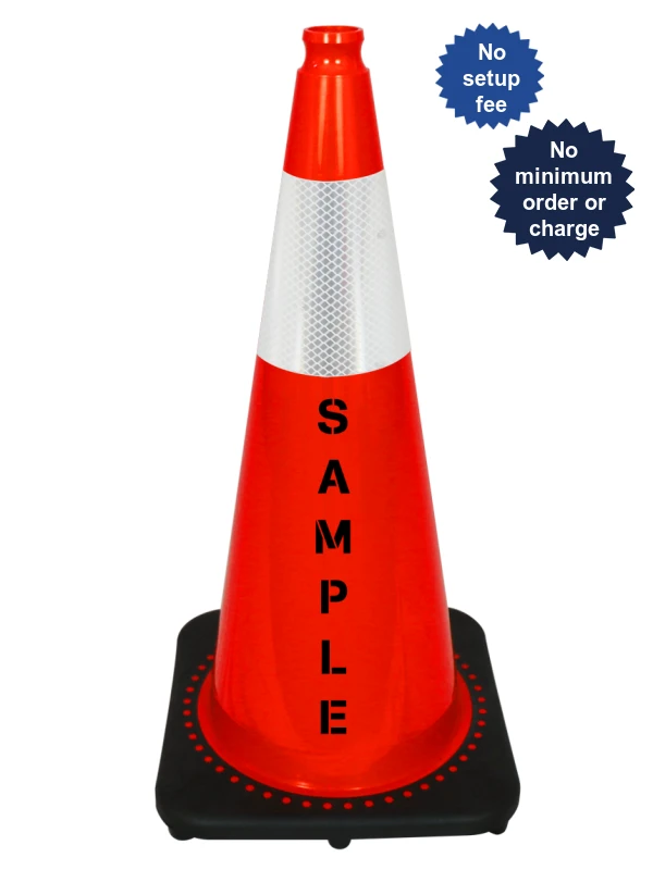 Orange 28 inch 10 lbs JBC Black Base Traffic Cone with Single 6\" Reflective Collar and Custom Lettering