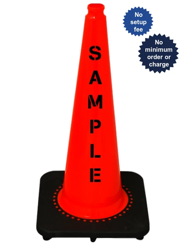 Orange 28 inch 7 lbs Slim Line JBC Black Base Traffic Cone with Double Sided Lettering