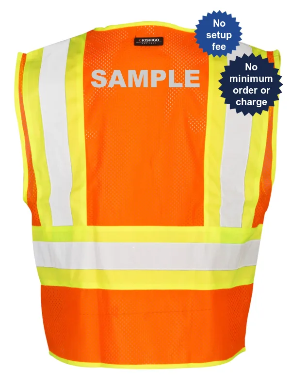 Orange, Mesh Contrasting Class 2 Safety Vest, Large w/Custom Reflective Lettering
