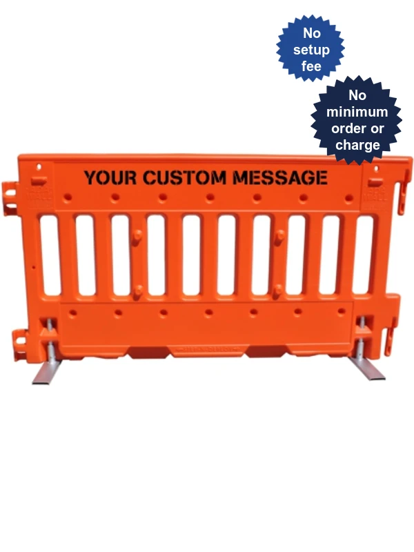 Orange, Pedestrian Wall Barricade w/ T-Legs (72\" L x 3\" W x 38\" H) w/ Custom Lettering