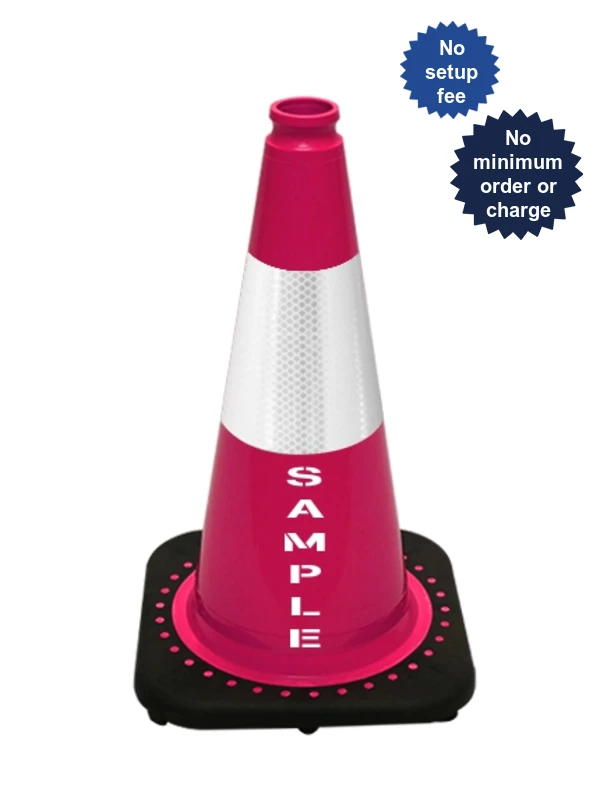 Pink 18 inch JBC Black Base Traffic Cone 6\" Reflective Collar \u0026 Custom Lettering