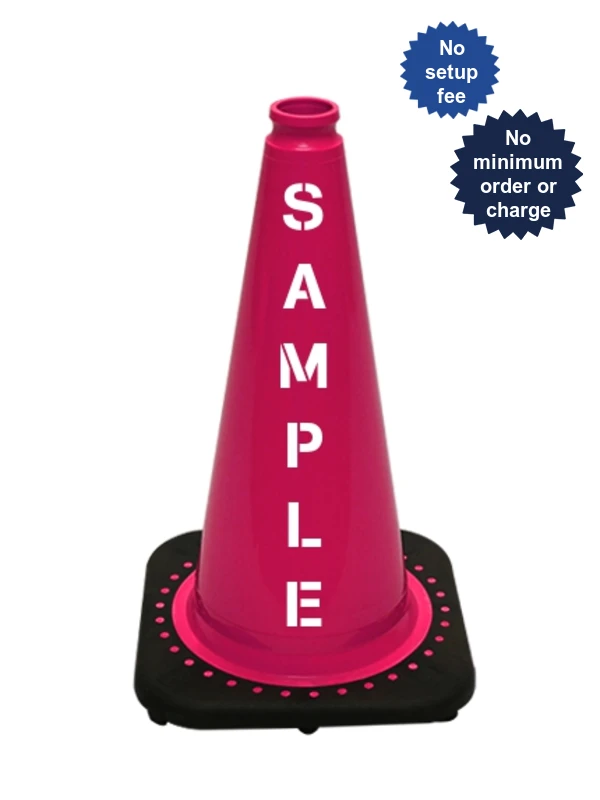 Pink 18 inch JBC Black Base Traffic Cone with Custom Lettering