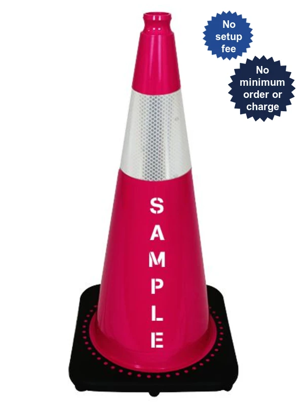 Pink 28\" 7 lbs JBC Black Base Traffic Cone Single 6\" Reflective Collar and Double Sided Lettering
