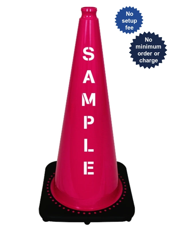 Pink 28 inch 7 lbs JBC Black Base Traffic Cone with Double Sided Lettering