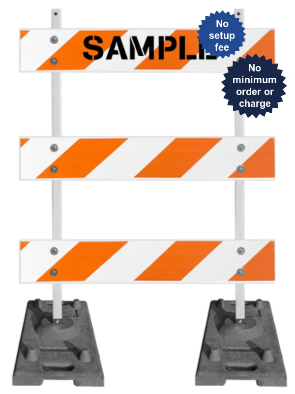 63\" Tall MUTCD Type III Barricade -Plastic Power Post Uprights, Rubber Ballast Feet \u0026 Three 4\u0027 Plastic Boards w/HI Sheeting \u0026 Custom Lettering