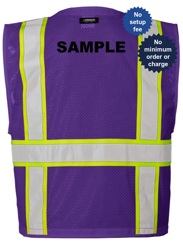 Purple, Enhanced Visibility, Multi Pocket Mesh Vest, S-M w/Custom Black Lettering