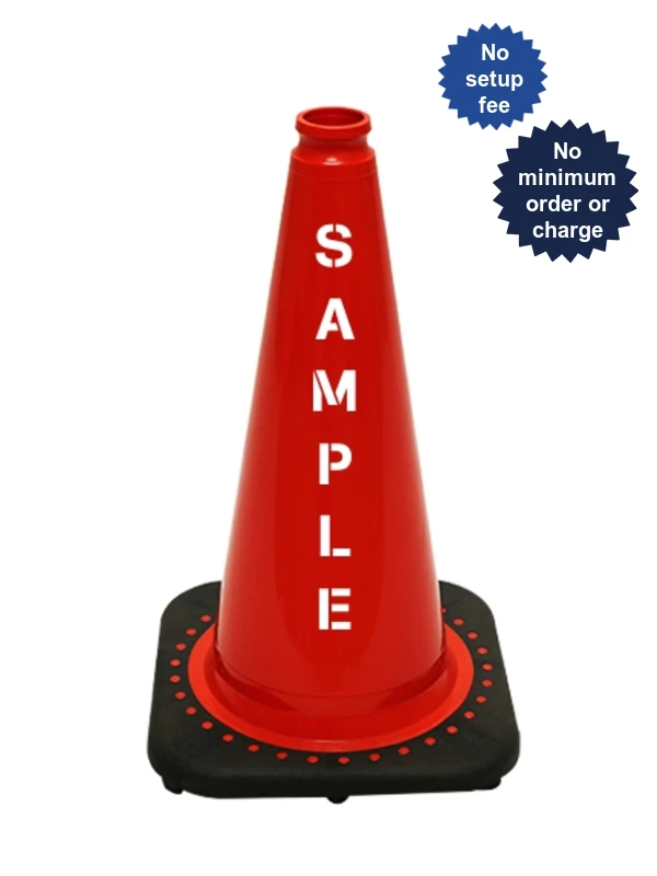 Red 18 inch JBC Black Base Traffic Cone with Custom Lettering