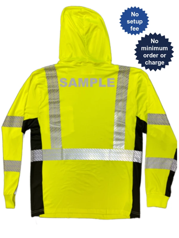 Liberty Safety Hivizgard Lime Class 3 Long Sleeve, Hooded, T-Shirt w/Black Sides, Medium w/ Custom Reflective Lettering