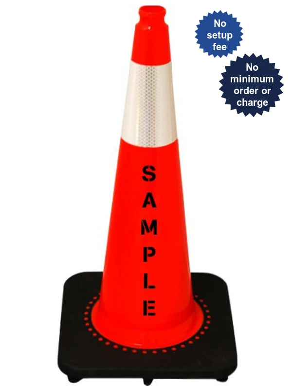 Orange 28\" 7 lbsSlim Line JBC Black Base Traffic Cone w/ Single 6\" Reflective Collars \u0026 Lettering