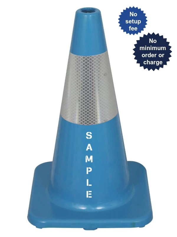 Solid Blue, 18\" Economy Cone with 6\" Reflective Collar \u0026 Double Sided Custom Lettering