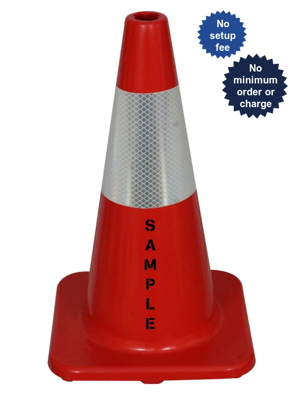 Solid Red, 18\" Economy Cone w/ 6\" Reflective Collar \u0026 Double Sided Custom Lettering