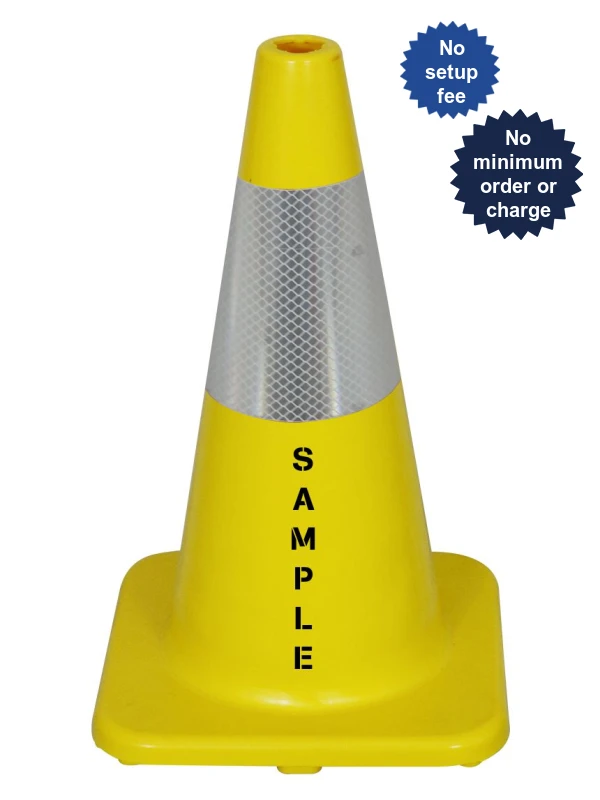 Solid Yellow, 18\" Economy Cone w/ 6\" Reflective Collar \u0026 Double Sided Custom Lettering
