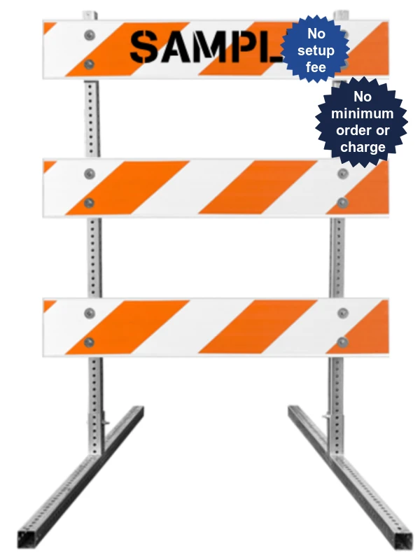 63\" Tall MUTCD Type III Barricade -Square Steel Sign Post Uprights, Square Steel Sign Post Feet \u0026 Three 4\u0027 Plastic Boards w/HI Sheeting \u0026 Custom Lettering