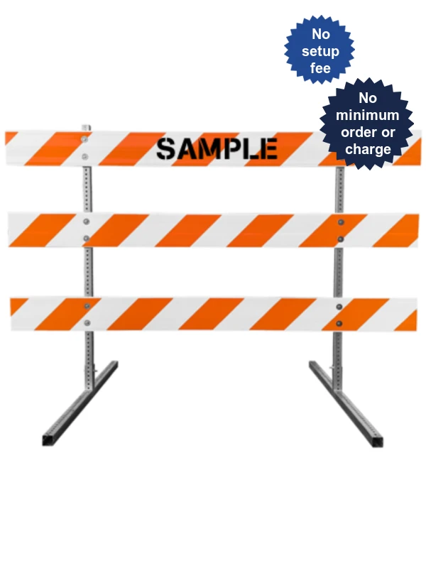 63\" Tall MUTCD Type III Barricade -Square Steel Sign Post Uprights, Square Steel Sign Post Feet \u0026 Three 8\u0027 Plastic Boards w/HI Sheeting On Both Sides Of Rails \u0026 Custom Lettering