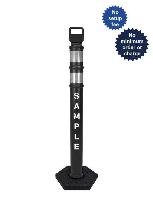 Black 45\" Cortina EZ Grab delineator tube with two 3\" reflective collars \u0026 12 lb rubber base \u0026 2X custom lettering