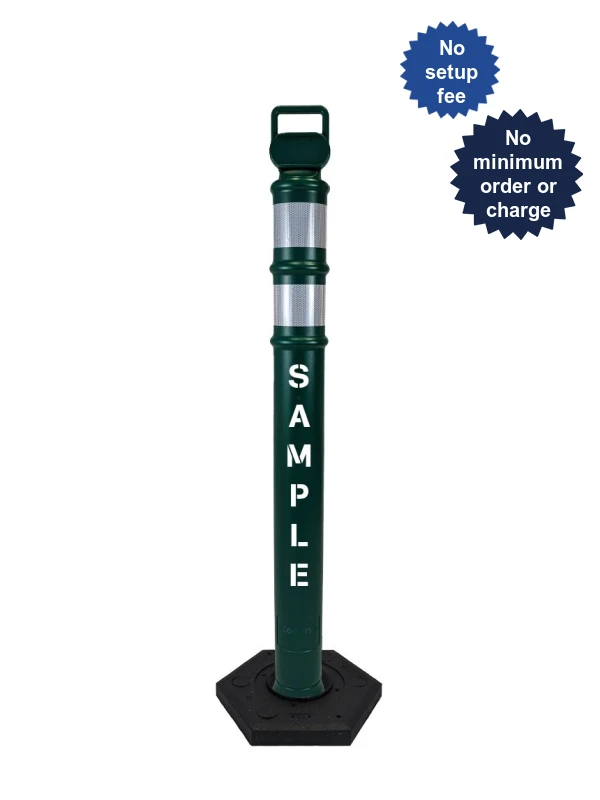 Dark Green 45\" Cortina EZ Grab delineator tube with two 3\" reflective collars \u0026 12 lb rubber base \u0026 custom lettering