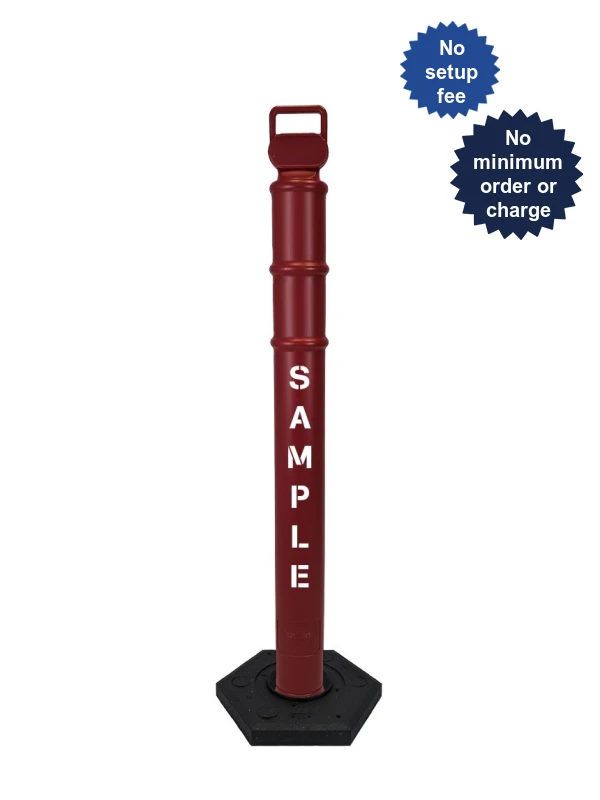 Red 45\" Cortina EZ Grab delineator tube with 18 lb rubber base \u0026 custom lettering