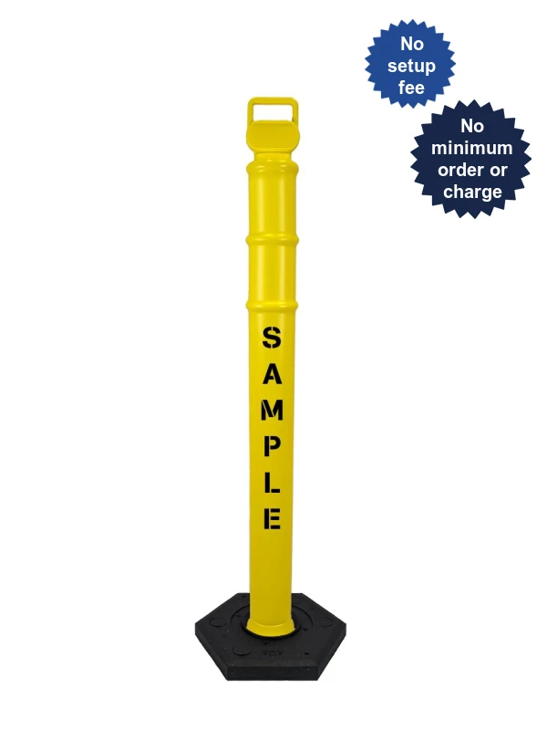 Yellow 45\" Cortina EZ Grab delineator tube with 12 lb rubber base \u0026 custom lettering