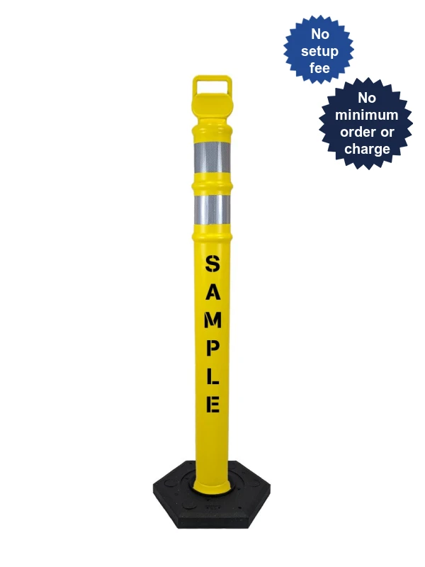Yellow 45\" Cortina EZ Grab delineator tube with two 3\" reflective collars \u0026 8 lb rubber base \u0026 2X custom lettering
