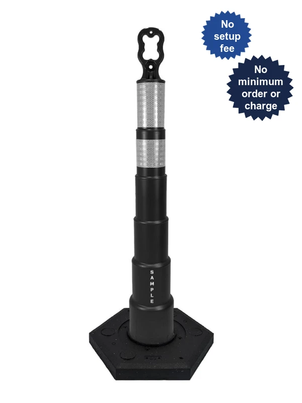 42 inch black EZ-Grab channelizer 16 lb base with 6\" \u0026 4\" reflective collars and custom lettering