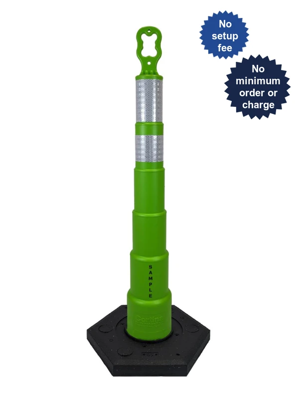 42 inch lime green EZ-Grab channelizer orange 16 lb base with 6\" \u0026 4\" reflective collars and 2X custom lettering